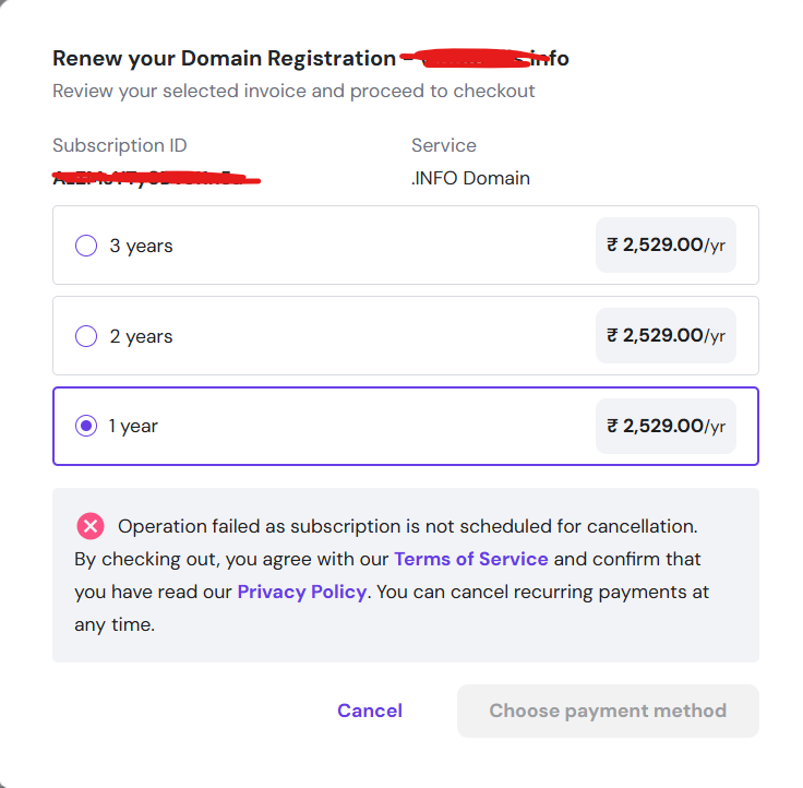 Operation failed as subscription is not scheduled for cancellation. By checking out